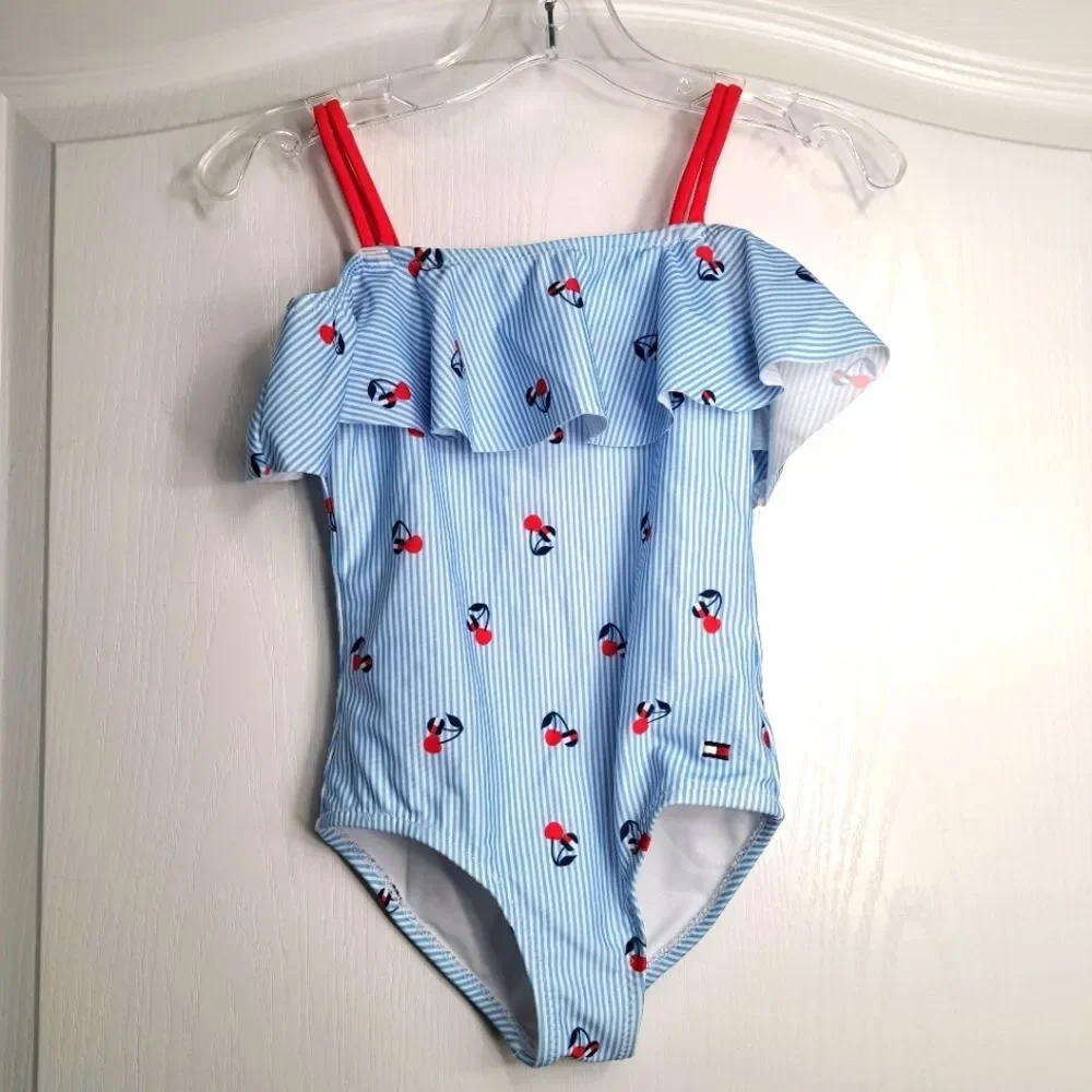 Seersucker Stripe and Cherry Print Off Shoulder Swimsuit Girls